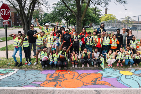 Noble Elementary-Middle School students, city staff, and City Walls mural team gather near the improved crossing. Source: City of Detroit.